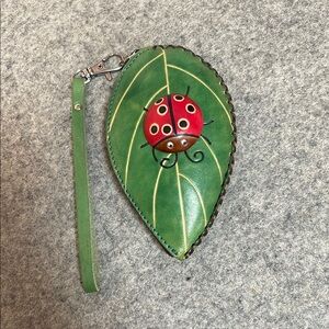 Hand Crafted Green Leaf Wristlet with Ladybug Design